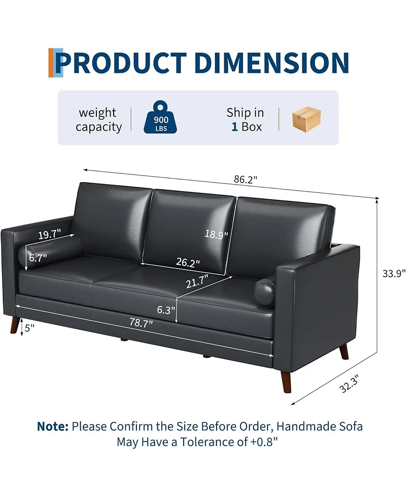 gaomon 86" Leather Sofa for Living Room, Mid-Century Modern Couch with Deep Seats, Faux Leather Couch, 3 Seat Sofa with Removable Cover for Apartment