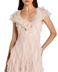 Mac Duggal Petite Micro Ruffle Cap Sleeve A-Line Midi Dress