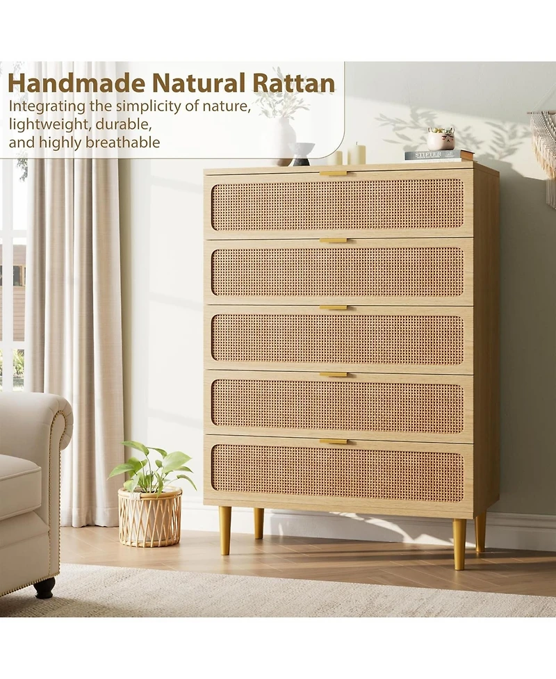 gaomon 5-Drawer Rattan Wooden Tall Storage Dresser