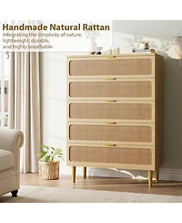 gaomon 5-Drawer Rattan Wooden Tall Storage Dresser