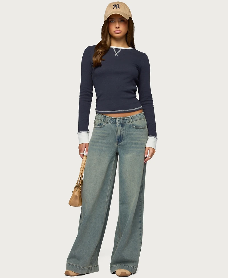 Edikted Women's Rora Contrast Long Sleeve Waffle Top