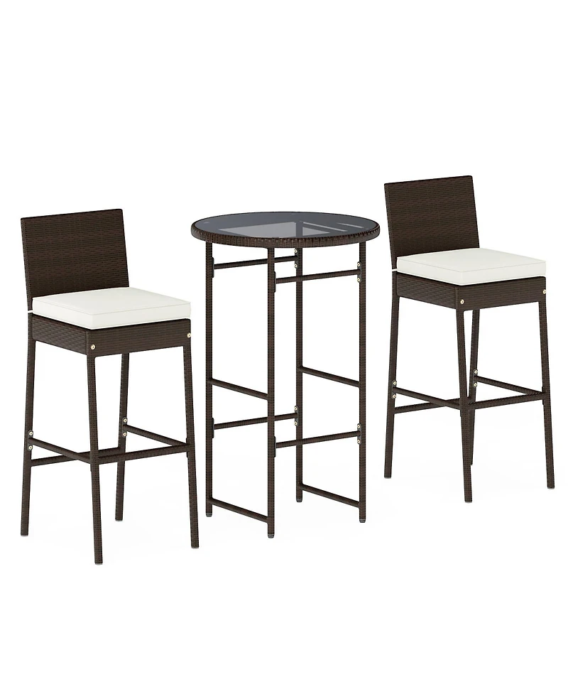 Gymax Set of 3 Outdoor Bar Set Patio Rattan Bar Height Table & Chairs w/ Glass Tabletop