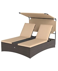 Gymax Daybed w/ Adjustable Backrests 2-Person Pe Rattan Patio Bed w/ Canopy Outdoor