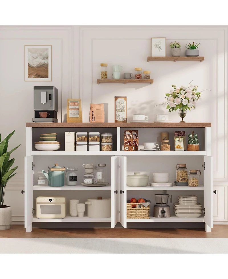 gaomon 55" Farmhouse Buffet Sideboard Cabinet, Large Wood Storage with 4 Doors & Adjustable Shelves, Coffee Bar for Kitchen, Dining Room