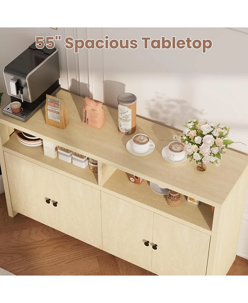 gaomon 55" Farmhouse Buffet Sideboard Cabinet, Large Wood Storage with 4 Doors & Adjustable Shelves, Coffee Bar for Kitchen, Dining Room, Living Room