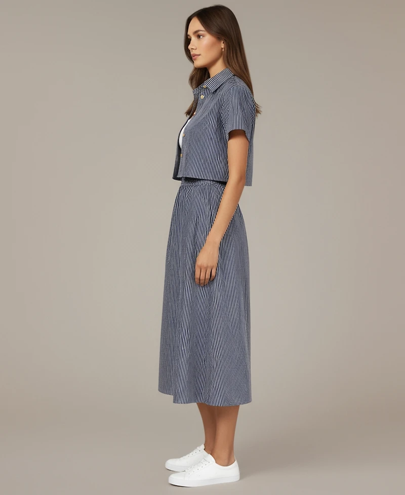 Modenaire Women's Striped Cropped Button-Up Shirt and Midi Skirt Set