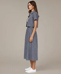 Modenaire Women's Striped Cropped Button-Up Shirt and Midi Skirt Set