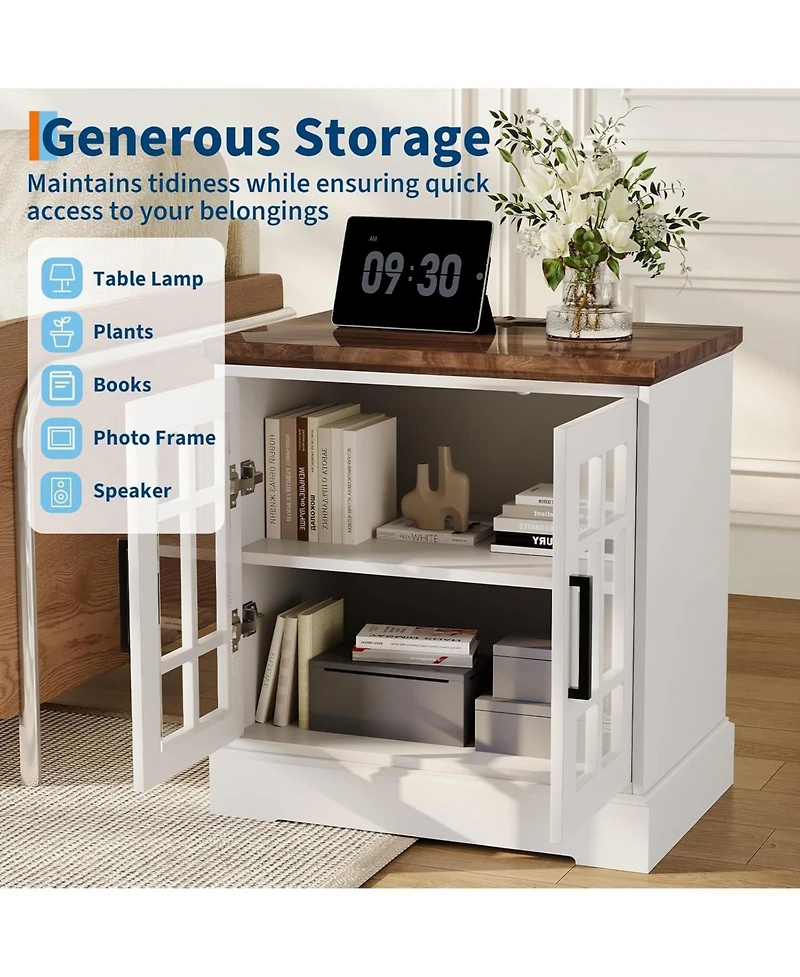 gaomon 24 Inch Farmhouse Nightstand, Tempered Glass Door End Table with Charging Station & Adjustable Shelf