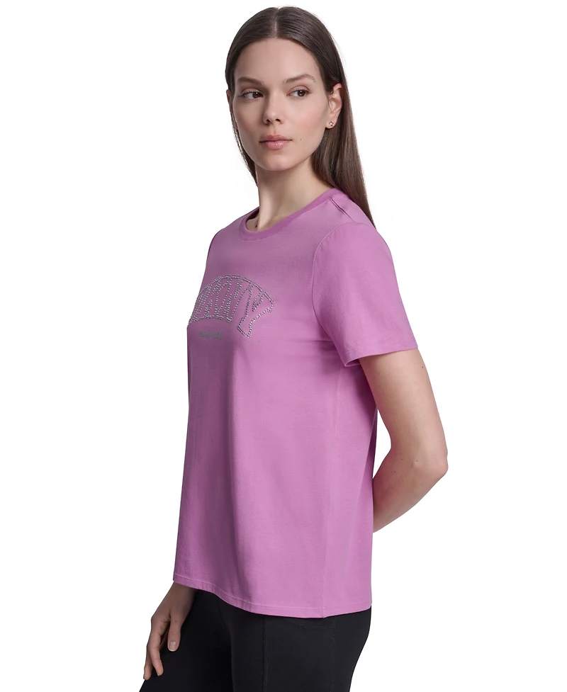 Dkny Sport Women's Rhinestone Varsity Logo Relaxed Fit Pull-On T-Shirt