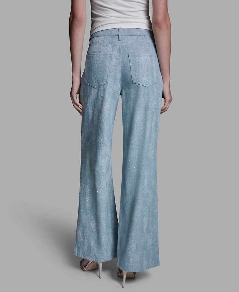 Bcbg Women's Mid-Rise Embellished Detail Wide-Leg Jeans