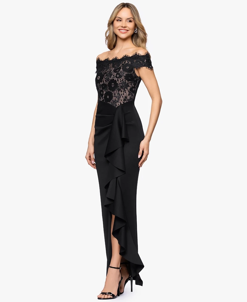 Betsy & Adam Petite Lace Off-the-Shoulder Ball Gown