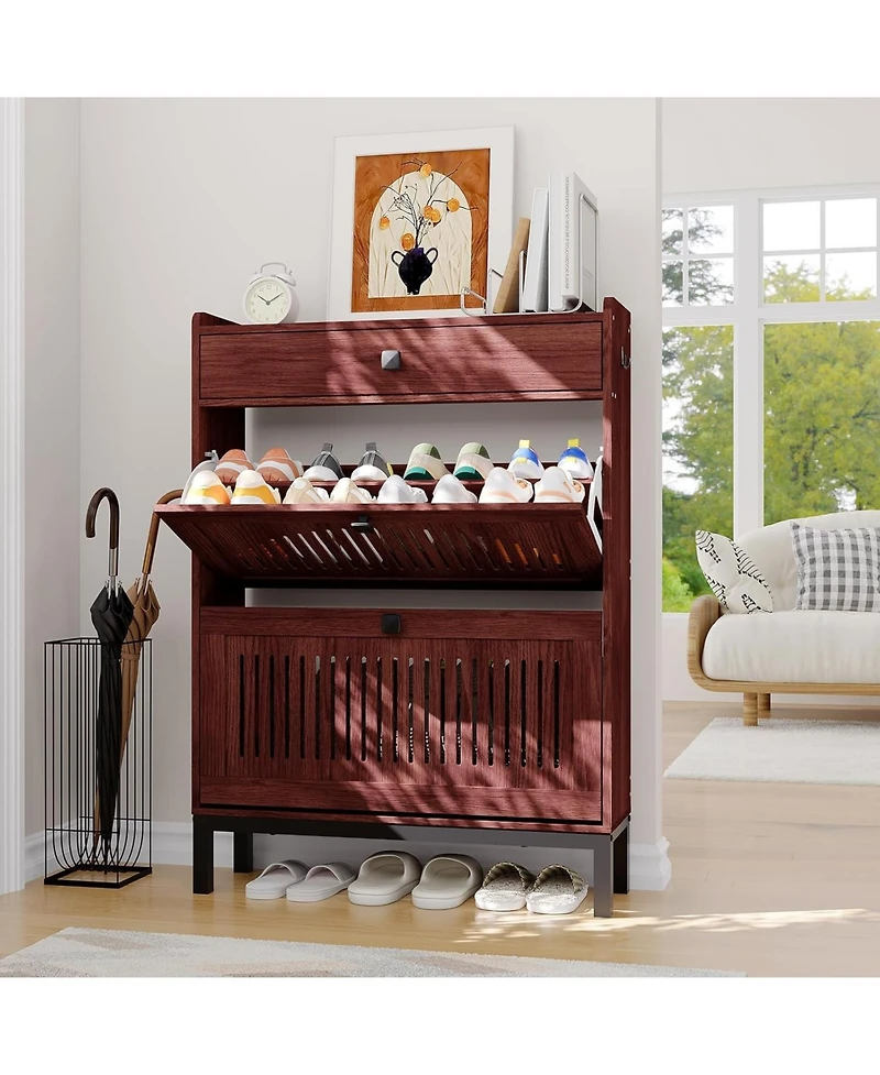 gaomon Shoe Storage Cabinet with 2 Flip Drawers & Top Drawer, Modern Shoe Organizer with Black Square Handles for Hallway