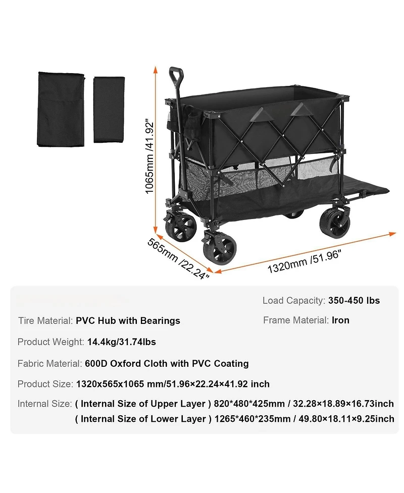 Mecale Double Decker Folding Wagon, 400L Heavy Duty Collapsible Cart with All-Terrain Wheels