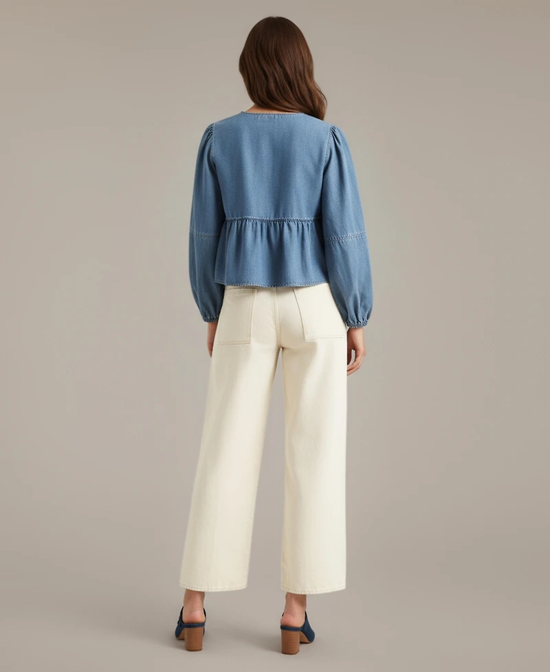 Modenaire Women's Roma Denim Tie-Front Peplum Blouse