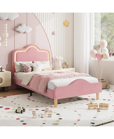 gaomon Twin Size Upholstered Led Bed Frame with Adjustable Headboard and Footboard, Velvet Princess Platform Bedframe for Kids/Girls, Easy Assembly