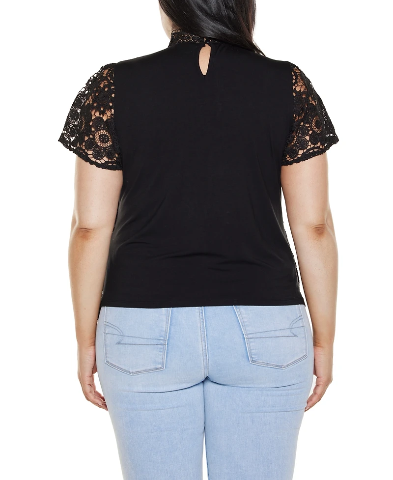 Belldini Plus Lace-Front Mock-Neck Top