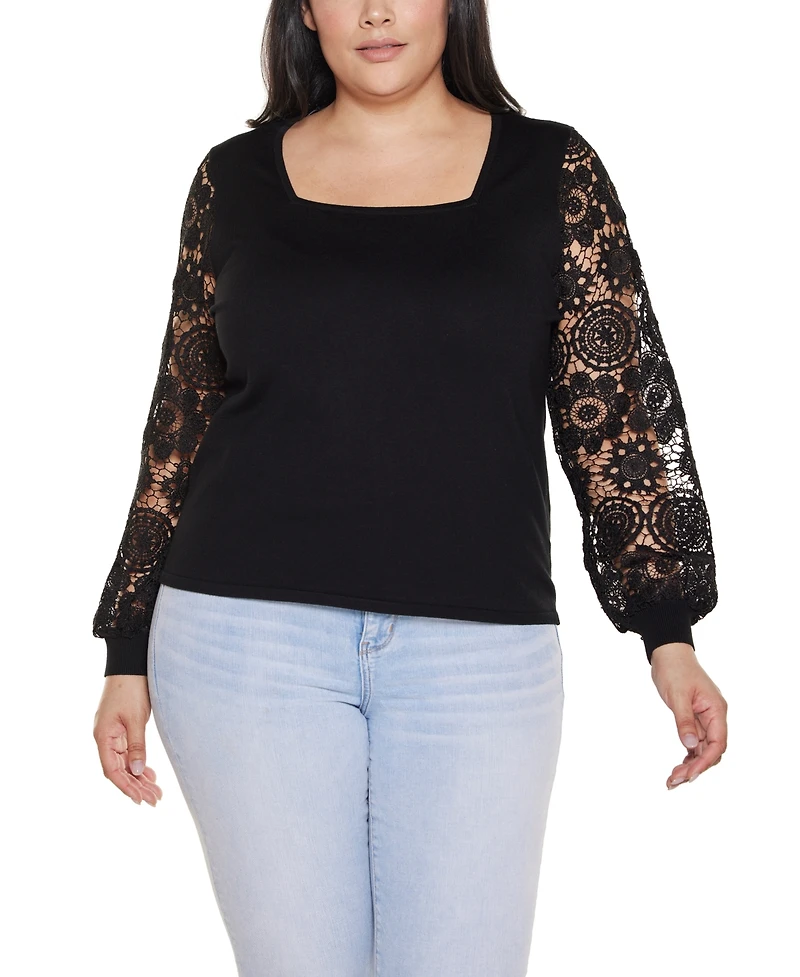 Belldini Plus Crochet Lace Blouson Sleeve Sweater