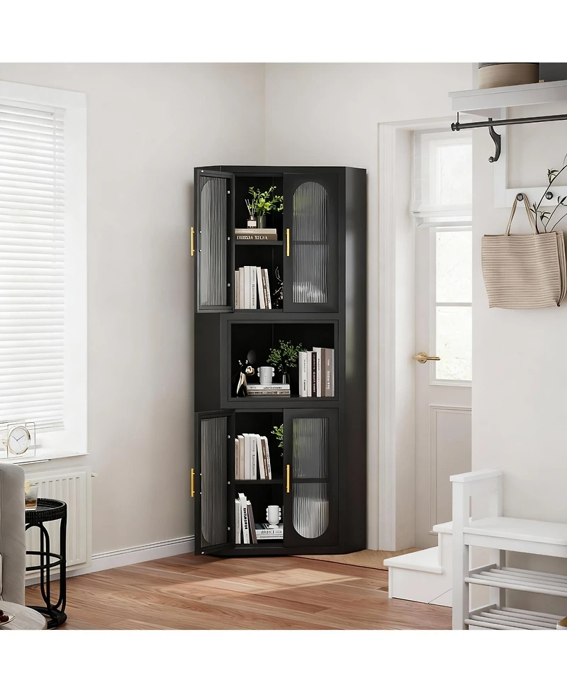 Yigii 64" Tall Metal Corner Cabinet with Glass Doors for Kitchen, Bathroom, or Bedroom