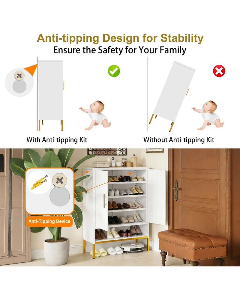 Rainsken 2-Doors Shoes Cabinet, 7-Tier Hidden Shoe Rack, Modern Narrow Shoe Storage Cabinet with Adjustable Shelves for Entryway, Hallway, Closet