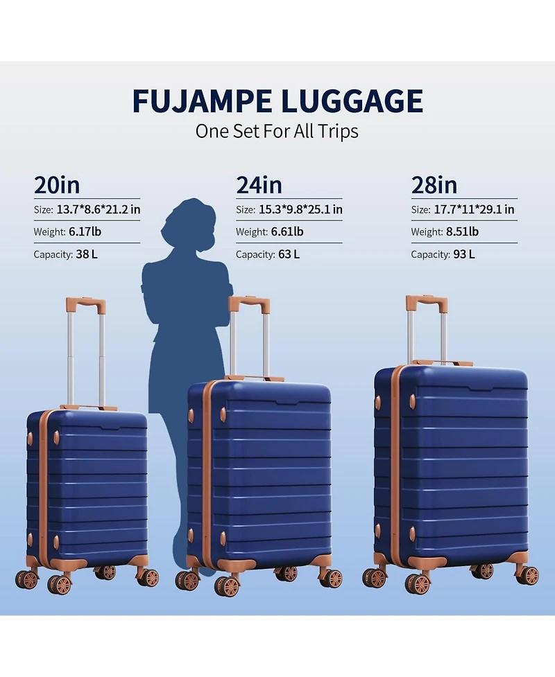 Sugift 3 Piece Hardshell Luggage Set with Spinner Wheels Tsa Lock and Aluminum Telescopic Handle