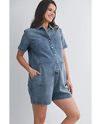 Hello Miz Maternity Nursing-Friendly Button Down Collared Short Sleeve Romper
