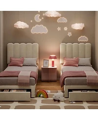 gaomon 2 Sets Twin Bed Frame with Under-Bed Drawer, Upholstered Platform Bed with Wave Headboard for Kids/Girls