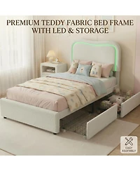 gaomon Queen Boucle Upholstered Bed with Storage Drawers, Led Headboard, No Box Spring