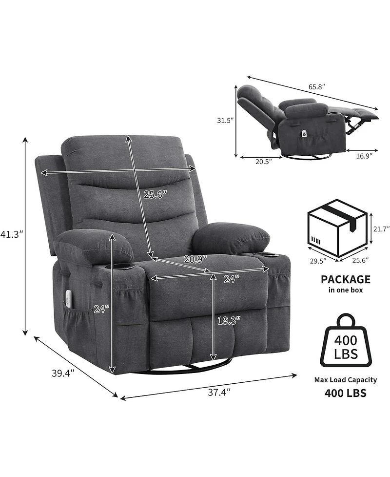 gaomon Recliner Chair Nursery, Oversized Manual Reclining Rocking Chair, 360 Swivel Glider with Cup Holder, Massage and Heat Recliner