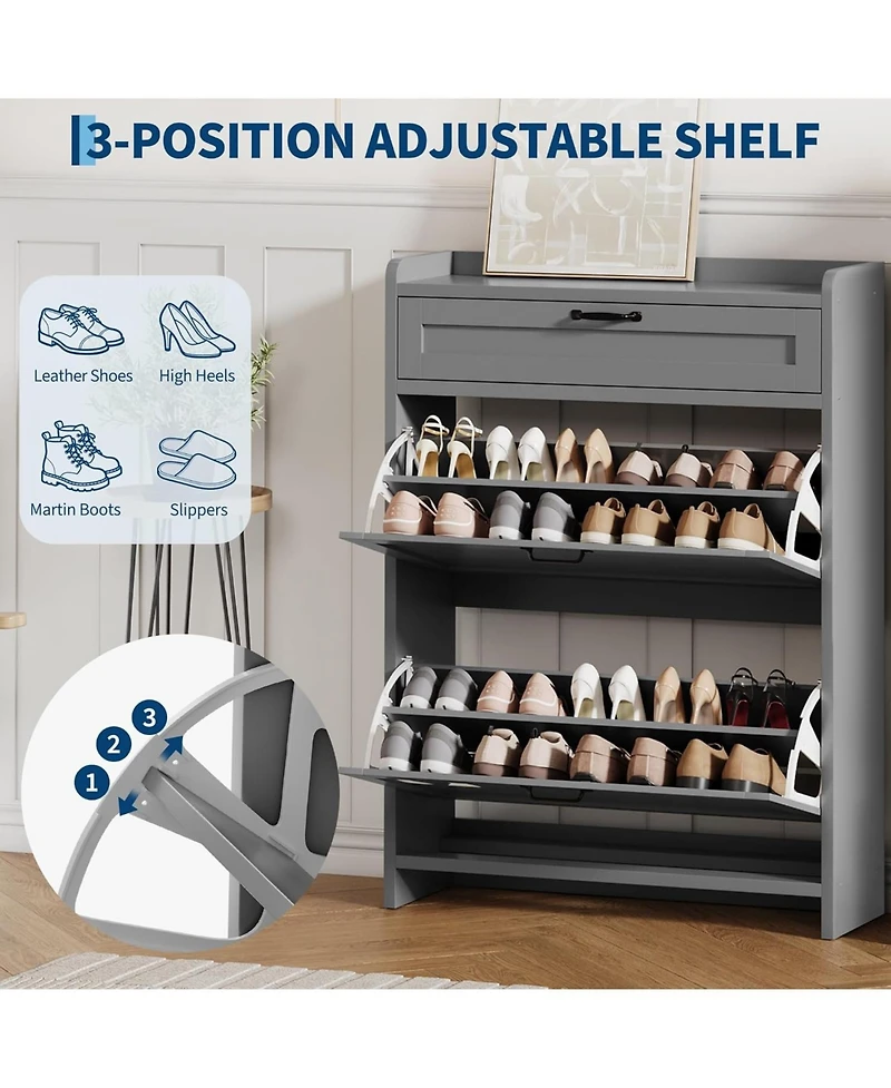 gaomon Shoe Cabinet with 2 Flip Drawers & 1 Top Drawer, Wooden Shoe Storage Organizer, Adjustable Shelves, Hidden Cabinet for Hallway or Living Room