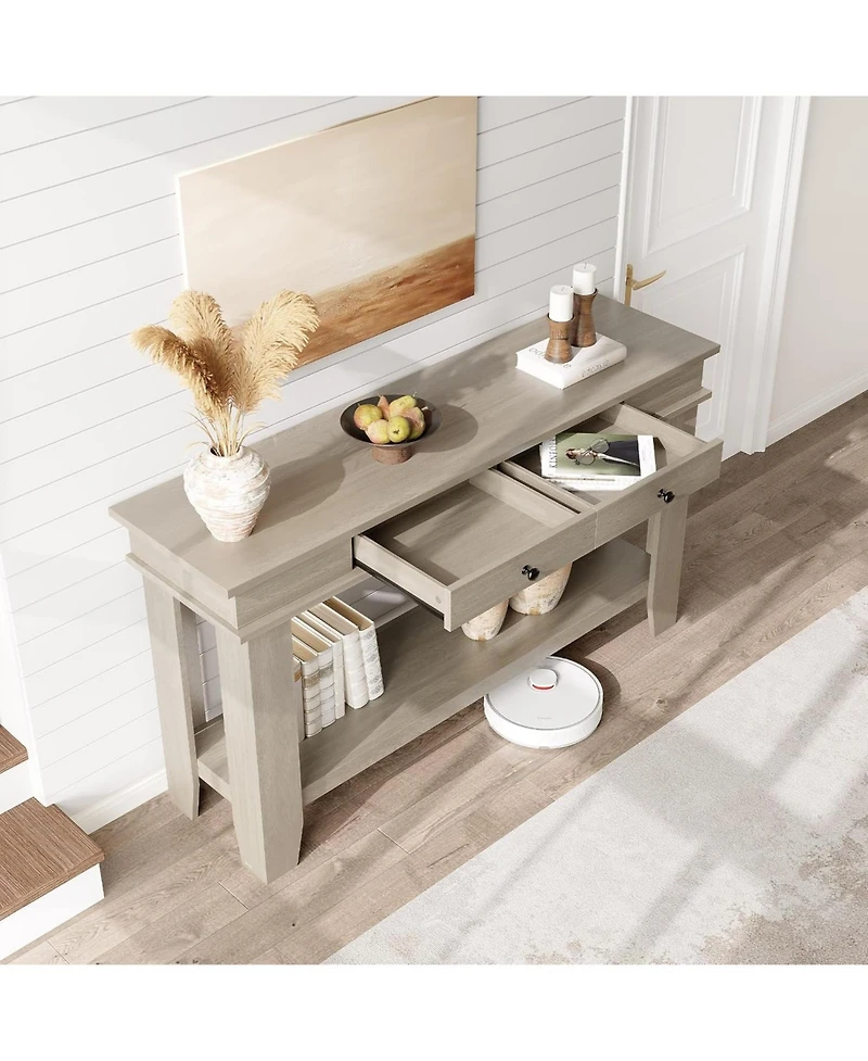 gaomon 54" Long Console Table, Wooden Entryway Table with 2 Drawers & Open Storage Shelf, Sofa Behind Couch, Farmhouse Entry Foyer