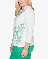 Alfred Dunner Women's Resort Living Tropical Flower Embroidered Top