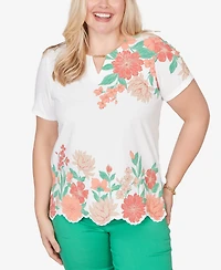 Alfred Dunner Women's Resort Living Floral Scallop Border Top
