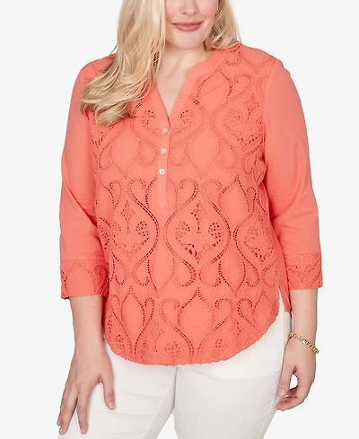 Alfred Dunner Women's Resort Living Textured Lace Scroll Henley Top