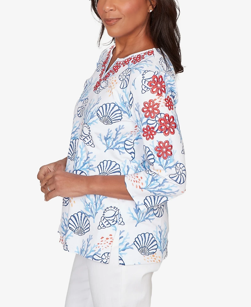 Alfred Dunner Women's Port Side Shell Print Embroidered Top