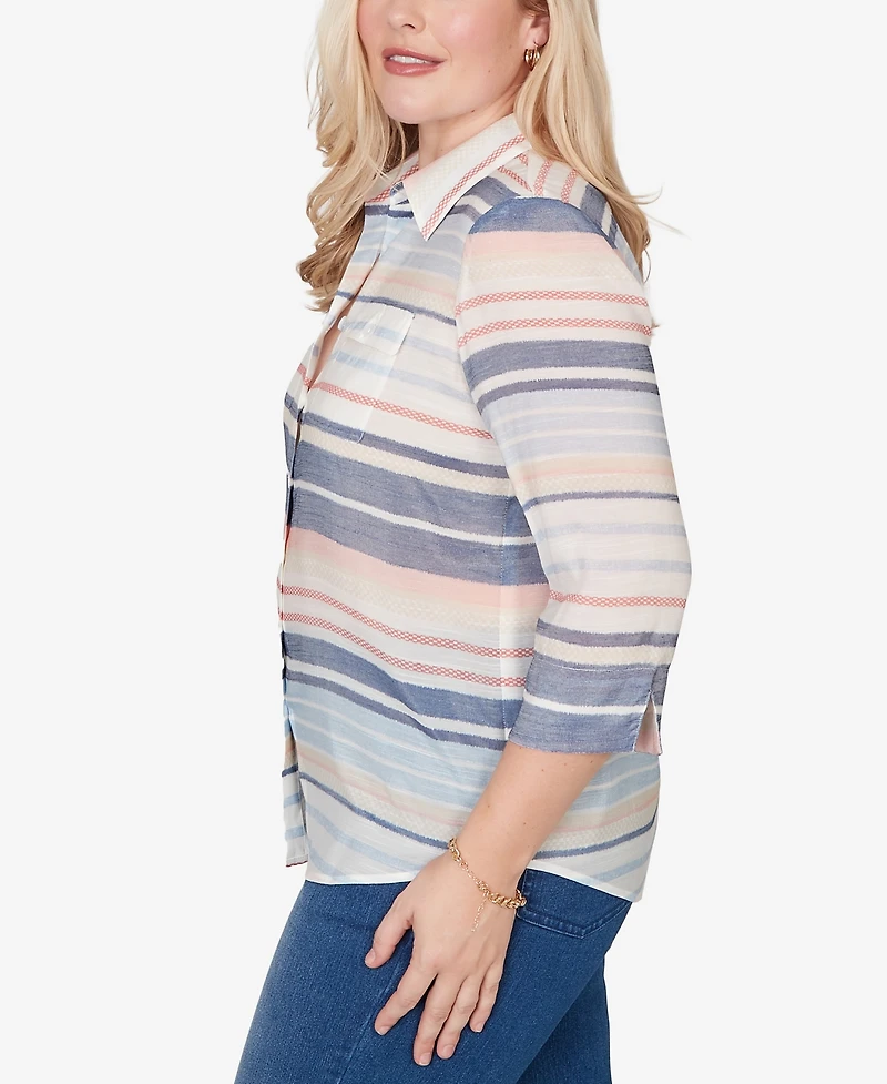 Alfred Dunner Women's Port Side Textured Stripe Button Front Top