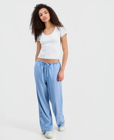 Indigo Rein Juniors' Chambray Eyelet-Hem Drawstring Pants