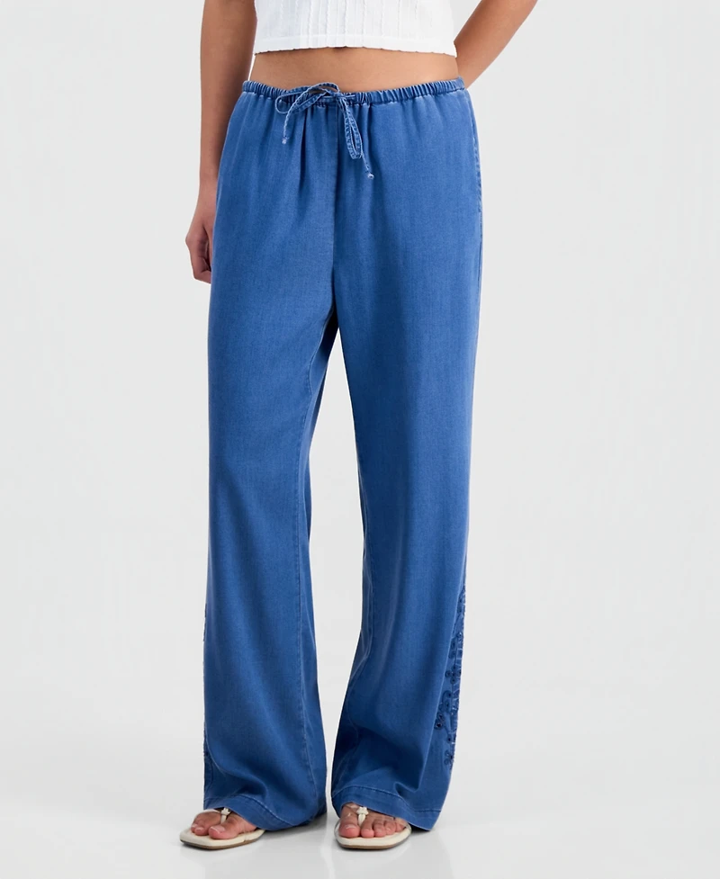Indigo Rein Juniors' Chambray Eyelet-Hem Drawstring Pants