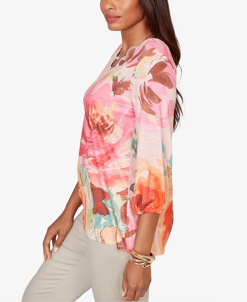 Ruby Rd. Petite Scalloped Neck Bold Floral Knit Top