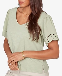 Ruby Rd. Petite Eyelet Poplin Sleeve Slub Knit Top