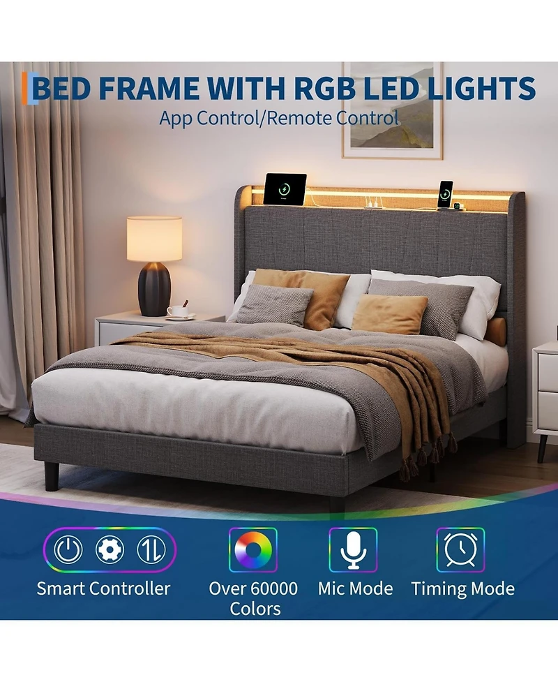 gaomon Bed Frame with Charging Station and Led Lights, Modern Platform Bed with Wooden Slats, Upholstered Headboard, No Box Spring Needed