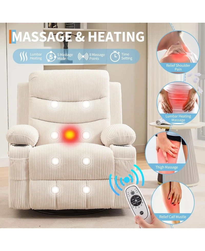 gaomon Nursery Recliner Chair, Oversized Corduroy Manual Glider with 360° Swivel, Rocking, Massage & Heat