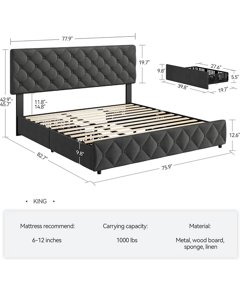 gaomon Bed Frame with 4 Storage Drawers and Headboard, Linen Upholstered Platform Bed Frame, Diamond Stitched Button Tufted