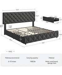gaomon Bed Frame with 4 Storage Drawers and Headboard, Linen Upholstered Platform Bed Frame, Diamond Stitched Button Tufted