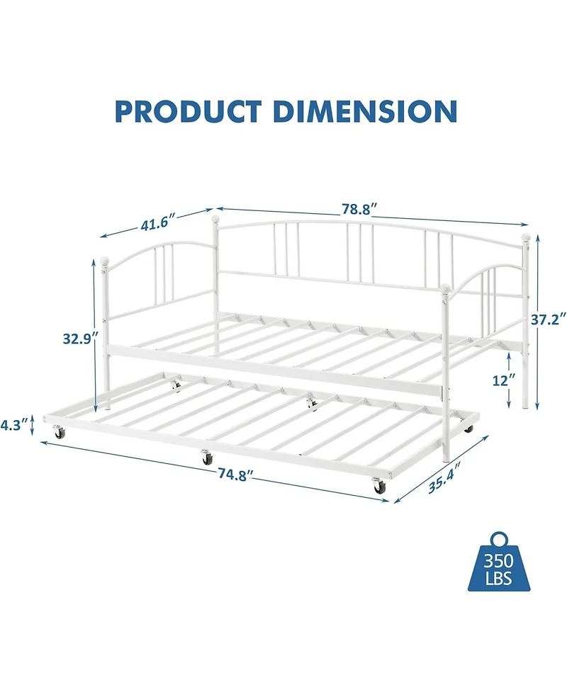 gaomon Twin Daybed with Trundle, Metal Daybed with Pullout Trundle and 6 Casters, Steel Slat Support Sofa Bed for Living Room, Bedroom, Guest Room