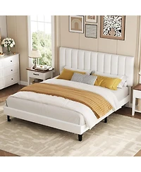 gaomon Bed Frame, Velvet Upholstered Platform Bed with Adjustable Vertical Channel Tufted Headboard, No Box Spring Needed