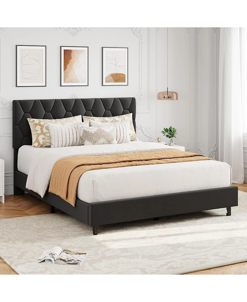 gaomon Queen Bed Frame – Upholstered Headboard, Heavy Duty Platform with Strong Wood Slats, Noise Free Design, No Box Spring Needed