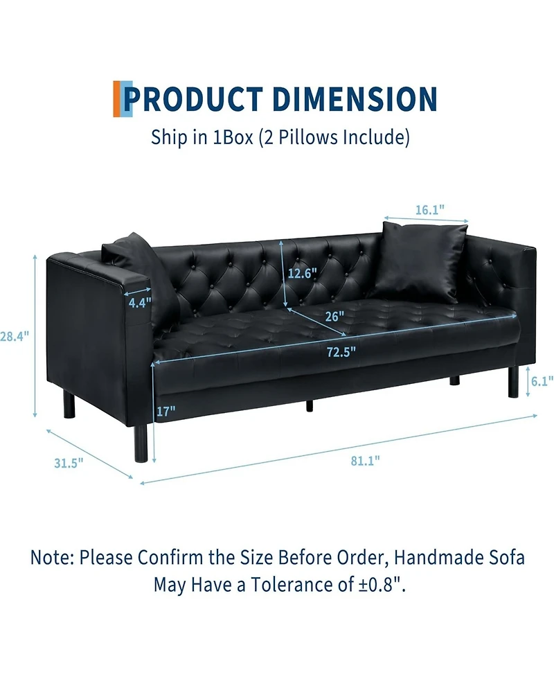 gaomon 81'' Leather Deep Seat Handmade Button Tufted 3 Seater Chesterfield Sofa Couch