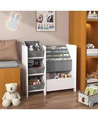 Rainsken Wooden Bookshelf, 4 Tier Kids Book Display Unit with 3 Collapsible Fabric Drawers, Toy Storage Organizer for Playroom and Nursery