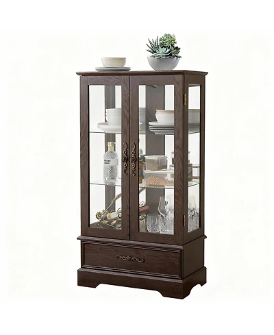 Yigii Antique Display Cabinet with Lighted Glass Doors and Mirrored Panel