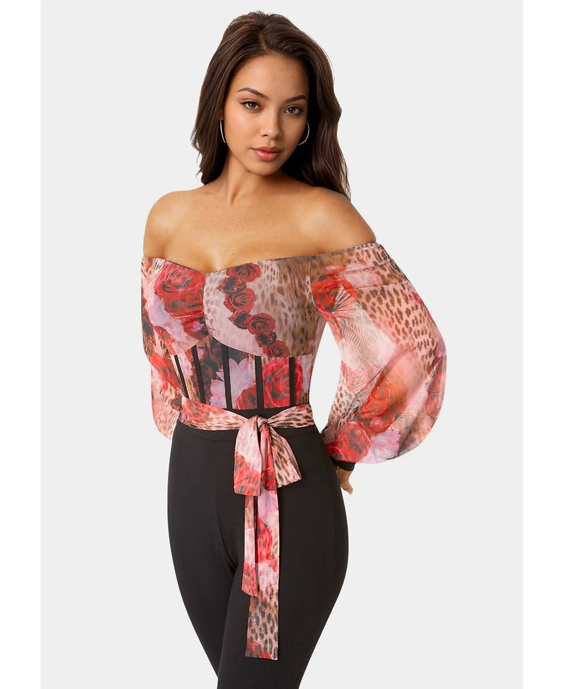 Bebe Women's Printed Mesh Off Shoulder Catsuit